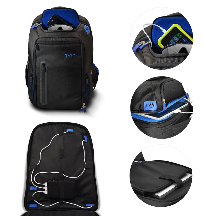 The Energi Backpack features a protective sunglass pocket, Easy Routing of cables to 7 pockets for charging, a dedicated Tablet pocket, and a fly thru checkpoint friendly laptop pocket